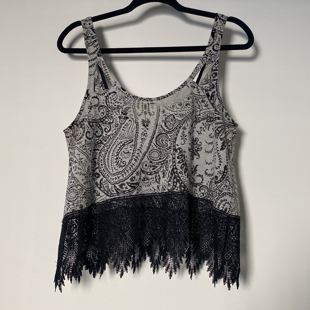 FREE PEOPLE Cropped Paisley and Lace Tank Top - Gray/Black S - Picture 6 of 6